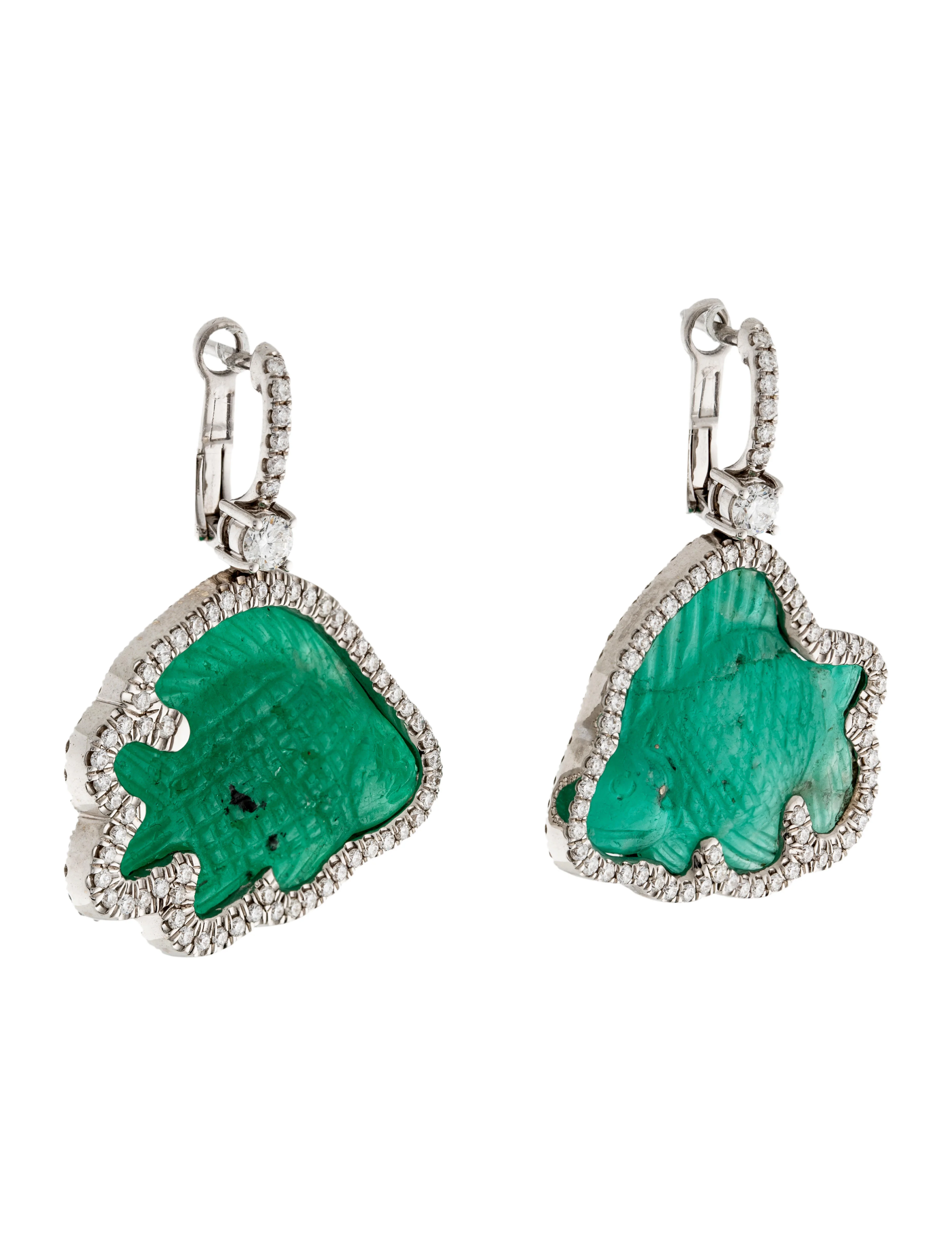 Takat18K Emerald & Diamond Carved Fish Drop Earrings 3 Takat18K Emerald & Diamond Carved Fish Drop Earrings