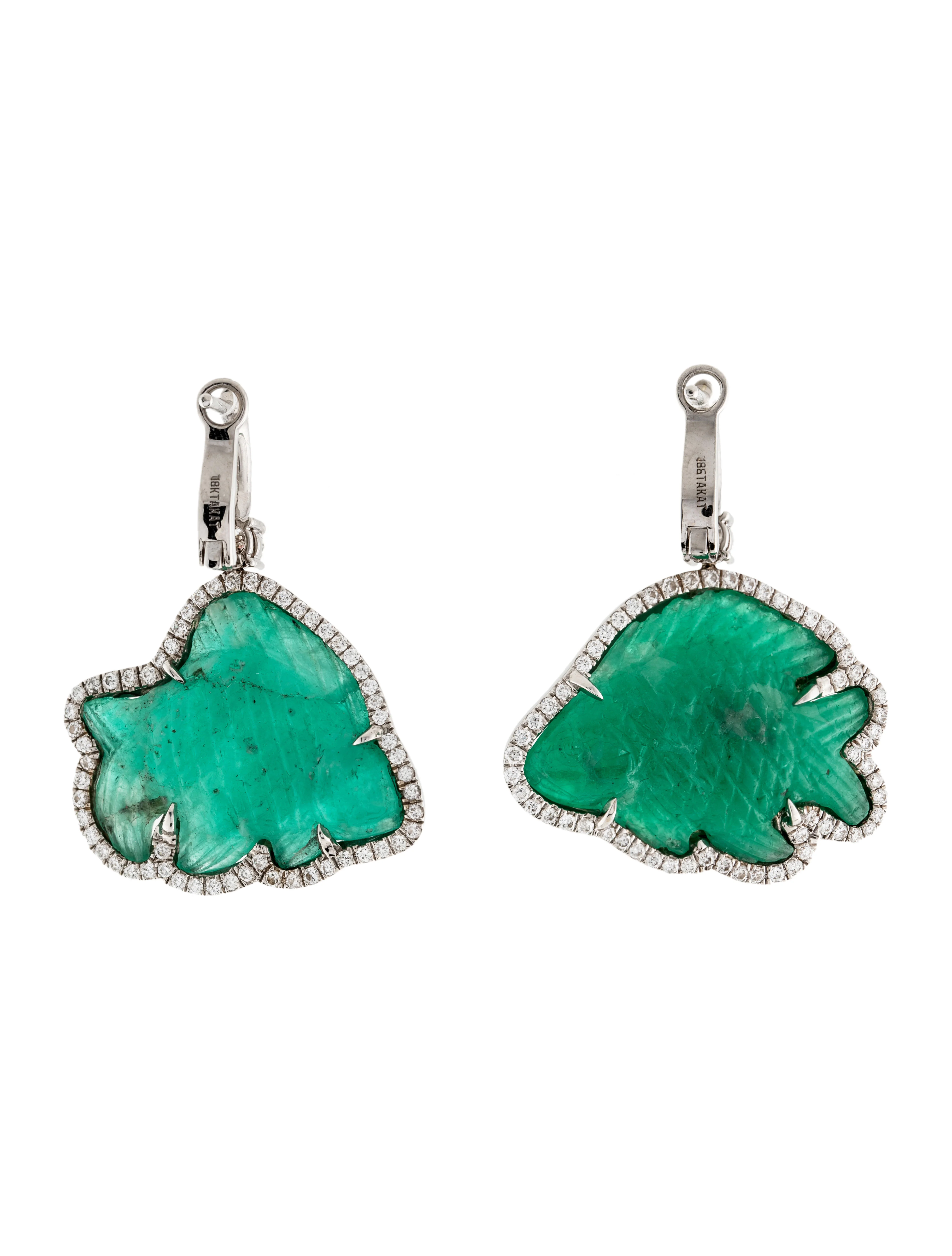 Takat18K Emerald & Diamond Carved Fish Drop Earrings 4 Takat18K Emerald & Diamond Carved Fish Drop Earrings